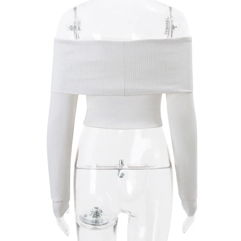 WhereMery Elegant Slash-Neck Ribbed Crop Top – Y2K Off-Shoulder Long Sleeve Camisole, Autumn Skinny French Style T-Shirt