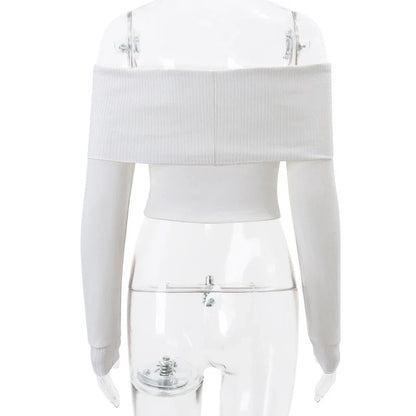 WhereMery Elegant Slash-Neck Ribbed Crop Top – Y2K Off-Shoulder Long Sleeve Camisole, Autumn Skinny French Style T-Shirt