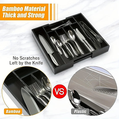 Adjustable Flatware Organizer Tray with Dividers – Plastic Utensil Holder for Spoons, Forks & Knives