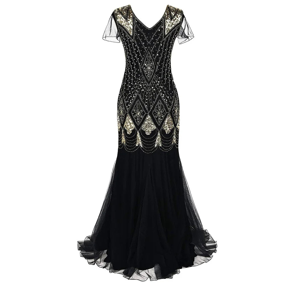 Women’s 1920s Great Gatsby Flapper Dress – Vintage V-Neck Sequin & Bead Long Mesh Maxi Party Prom Gown