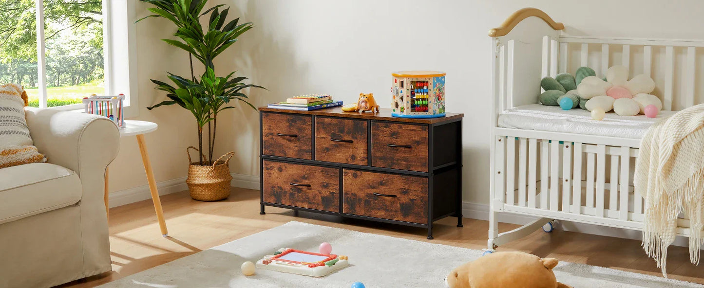 Living Room Display Cabinet – 5 Fabric Drawers with Steel Frame, Wardrobe Closet for Clothes Storage & Dresser