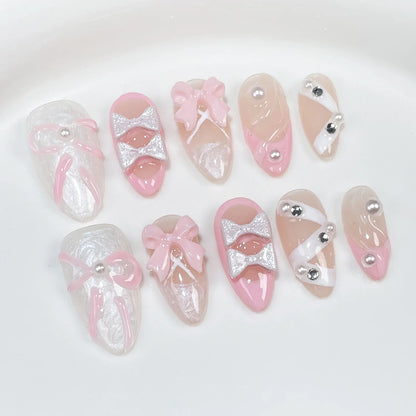 10 Pcs Black French Press-On Nails – Handmade Bowknot Design, Glossy Short Almond Fake Nails for Salon Art