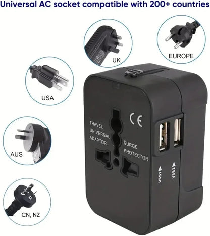 All-in-One Foldable Universal Travel Adapter – EU, UK, US, AU Power Charger with Dual USB 2.1A Ports and Outlet Converter Socket