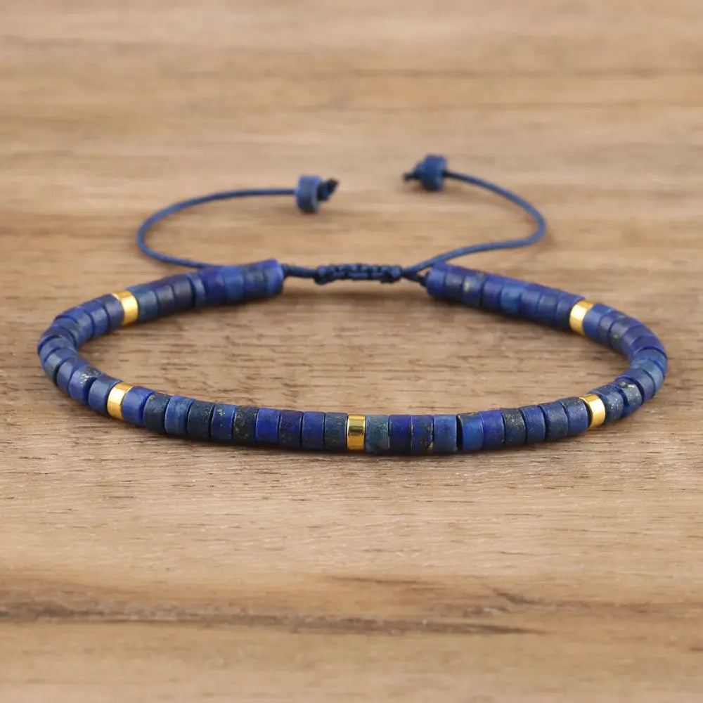 Natural Blue Emperor Stone Beaded Bracelet – Polished Block Beads, Adjustable Woven Rope Women’s Gift Jewelry