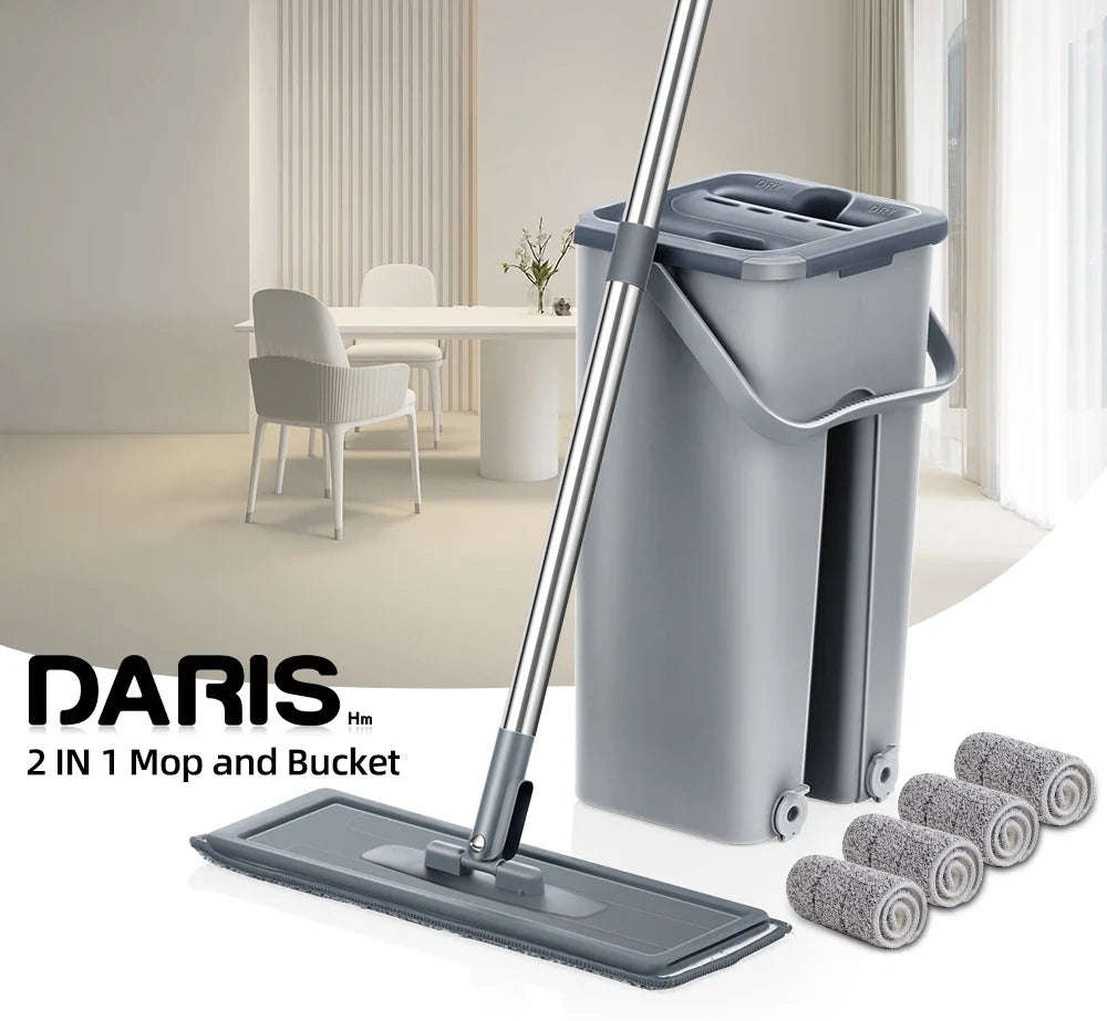 Hands-Free Flat Floor Mop & Bucket Set – Professional Home Cleaning System with Washable Microfiber Pads for Hardwood