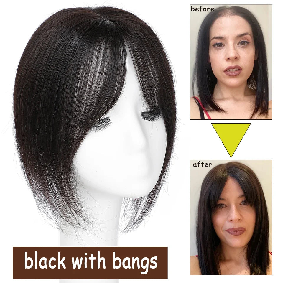 Dazzeal Human Hair Topper – 100% Real Straight Hair, Lace Base, Clip-In with Bangs, 10x12cm, 360° Coverage