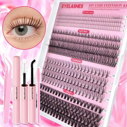 Top & Bottom Lash Extension Kit – 250/740 Cluster Fluffy Volume Mix Lengths DIY Eyelash Set for Bold Bombshell & Natural Lash Looks