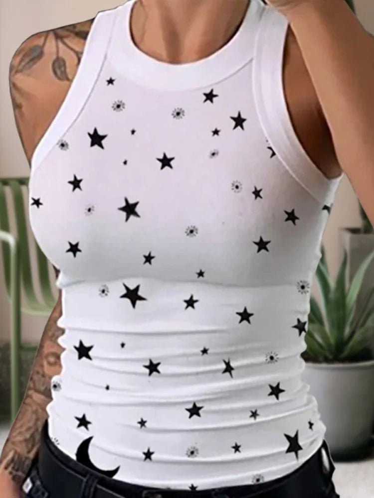 Women’s Summer Elastic Racerback Tank Top – O-Neck Stripe Print Sleeveless Basic Digital Print Sexy Casual T-Shirt