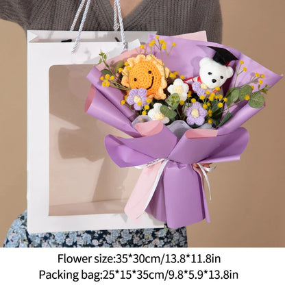 DIY Simulated Flower Bouquet – Crochet Sunflower Finished Product, Graduation, Doctoral, Valentine’s Day & Birthday Gift with Bear