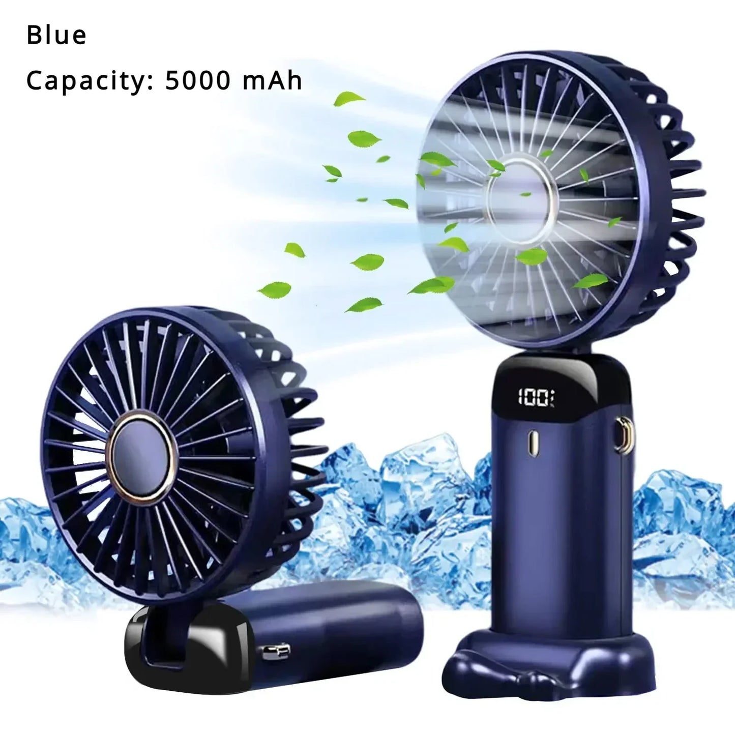 5000mAh Handheld Mini Fan – Wireless USB Rechargeable Portable Fan with Digital Display, Phone Holder, 5-Speed Foldable Neck Hanging Fan