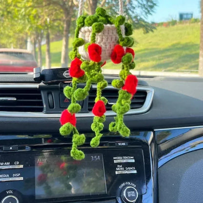 Cute Crochet Potted Plants Car Basket – Hanging Car Decor & Rear View Mirror Ornament Accessories