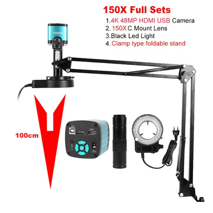 4K 48MP HDMI USB Industrial Microscope Camera – 1-130X/150X/180X Zoom C Lens for Soldering & Repair
