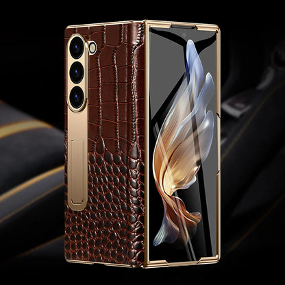 LANGSIDI Leather Case for Samsung Galaxy Z Fold 6/5/4/3 – Gold Plated Magnetic Hinge Cover with Mirror Film & Stand