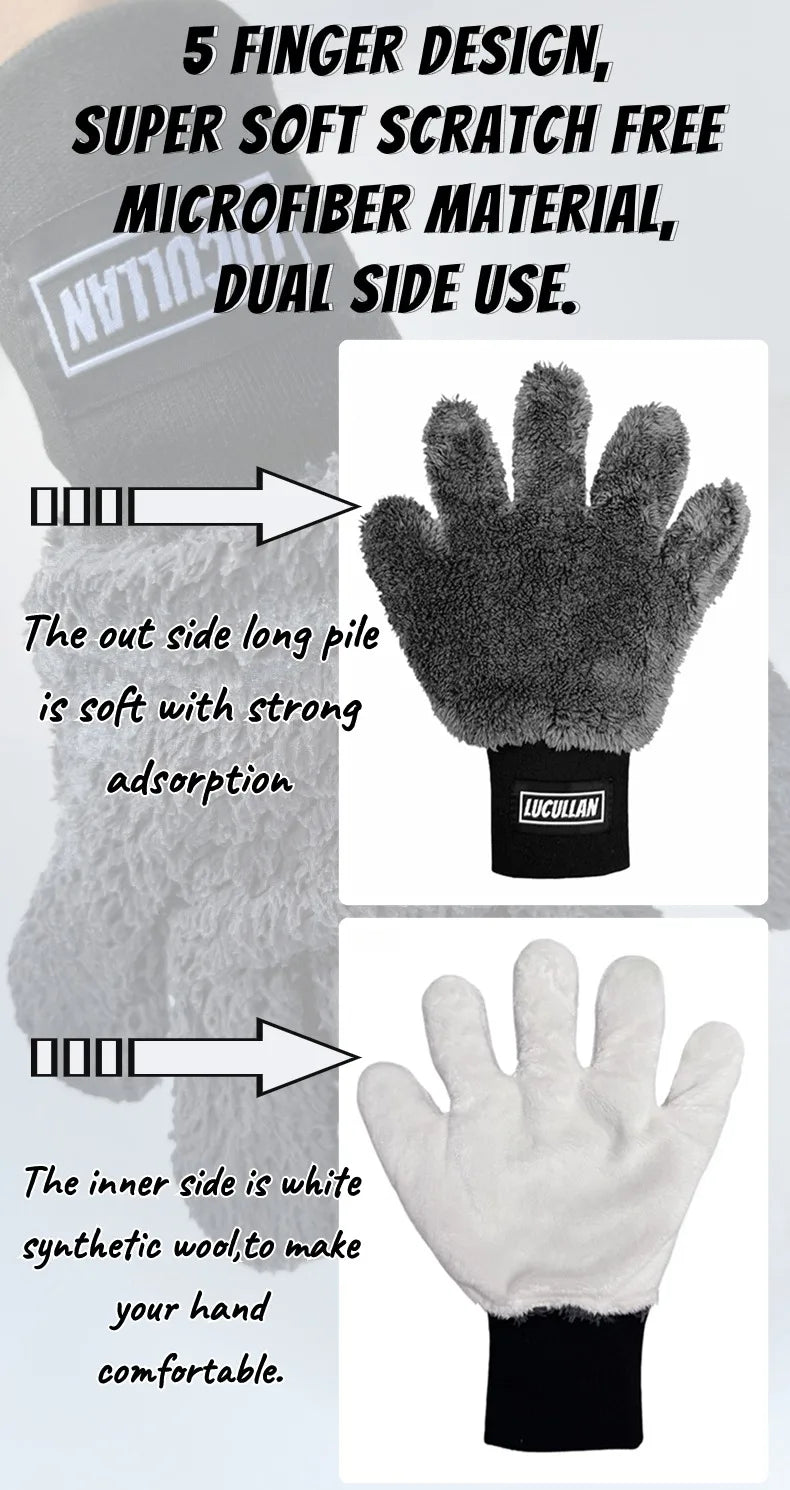 Lucullan Double-Sided Microfiber 5-Finger Mitt – Super Soft, Scratch-Free, Flexible Cleaning Glove
