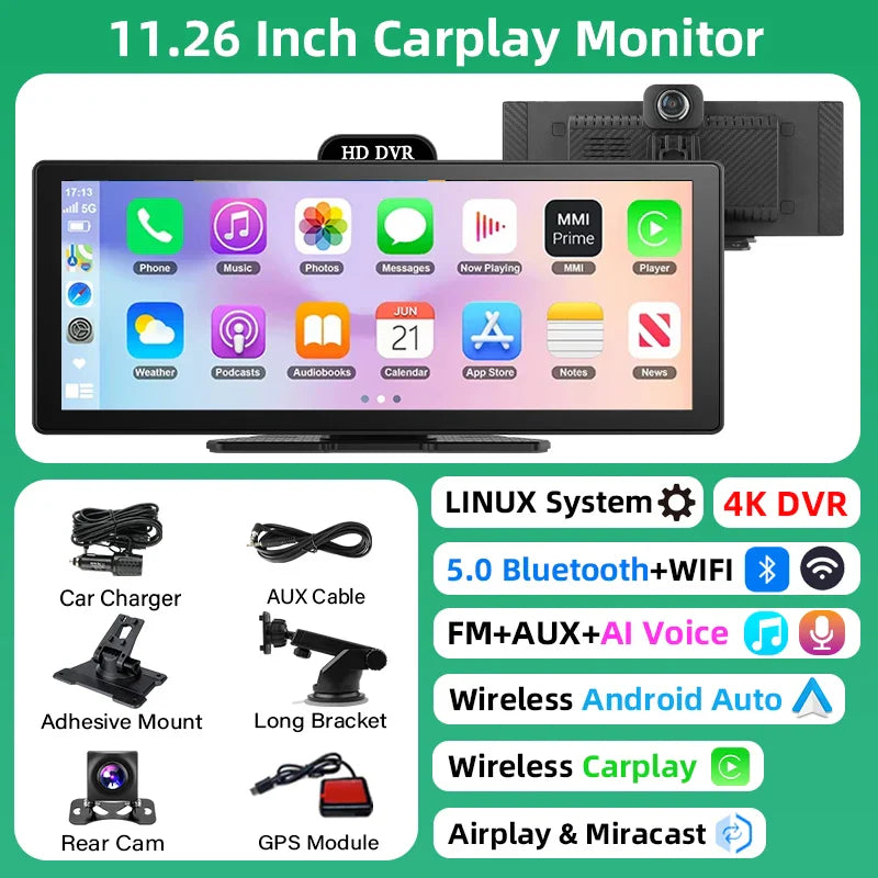 11.26-Inch 4K Dash Cam – Wireless CarPlay & Android Auto, Dual Lens DVR, Bluetooth Audio, GPS Navigation Video Recorder