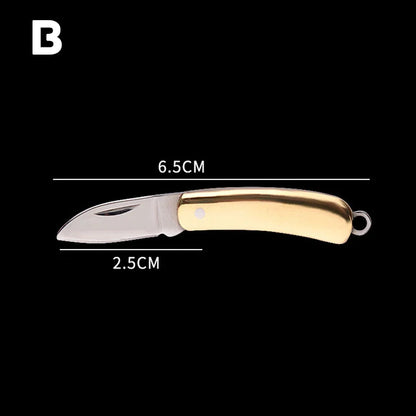Mini Brass Knife Keychain - Stainless Steel Folding Cleaver Pendant Pocket Tool