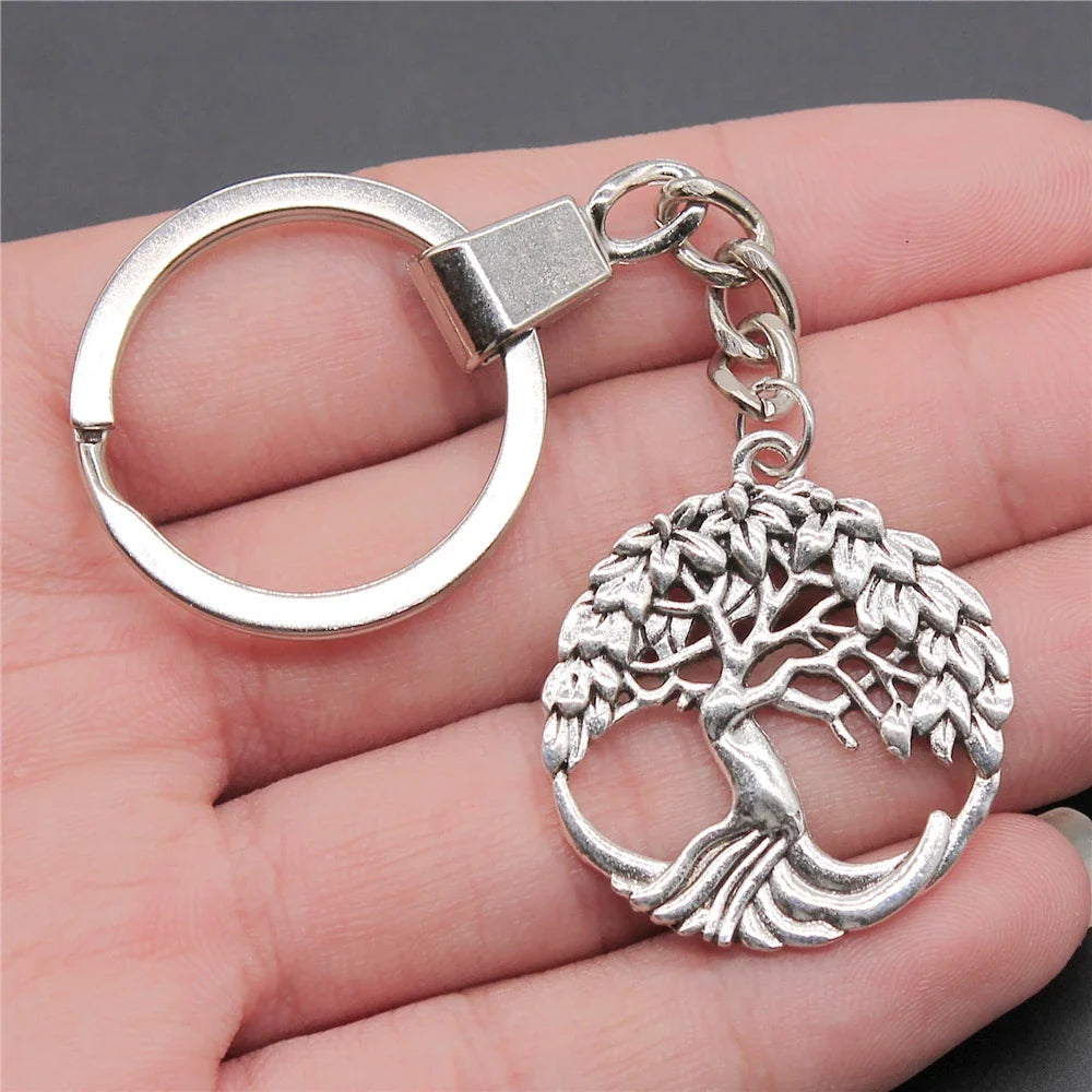 New Fashion Men 30mm Metal Alloy Keychain with Vintage Heart, Flower, Rose, Sunflower & Tree Pendant DIY Keyring Holder Chain Accessory