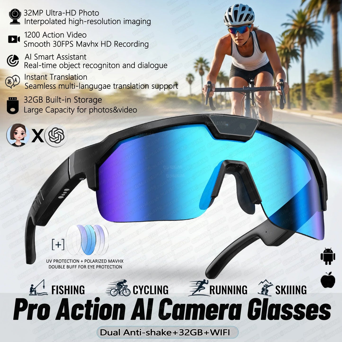 AI Smart Sports Camera Glasses - HD Anti-Shake Recording Sunglasses for Cycling, Riding & Outdoor Activities
