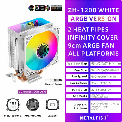 METALFISH ZH1200 CPU Cooler — 2 Heatpipe ARGB Radiator with 4-Pin PWM Silent Fan for Intel LGA 1700/1200/115X/1366/2011 & AMD AM5/AM4/AM3