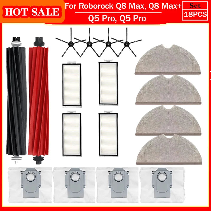 Roborock Q5 Pro & Q8 Max Replacement Parts – Main Brush, Side Brush, HEPA Filter, Mop & Dust Bag Accessories