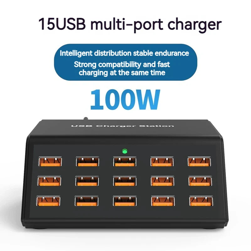 100W Desktop USB Charger — 15-Port Fast Charging Station for iPhone, iPad & Samsung Tablets