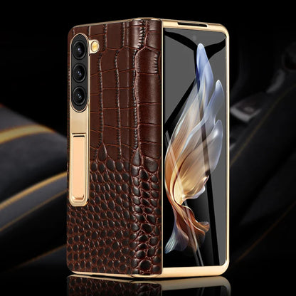LANGSIDI Leather Case for Samsung Galaxy Z Fold 6/5/4/3 – Gold Plated Magnetic Hinge Cover with Mirror Film & Stand