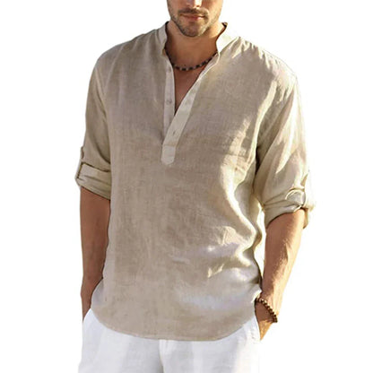 Men’s Cotton Linen Long Sleeve Casual Shirt Loose Fit Breathable Spring Autumn Buttonless Blouse Style Top Fashion Tee S-3XL