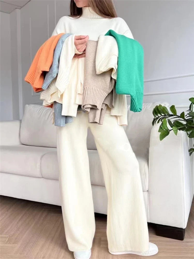 Women’s 2-Piece Autumn & Winter Knitted Tracksuit – Turtleneck Sweater with Straight Jogging Pants Set