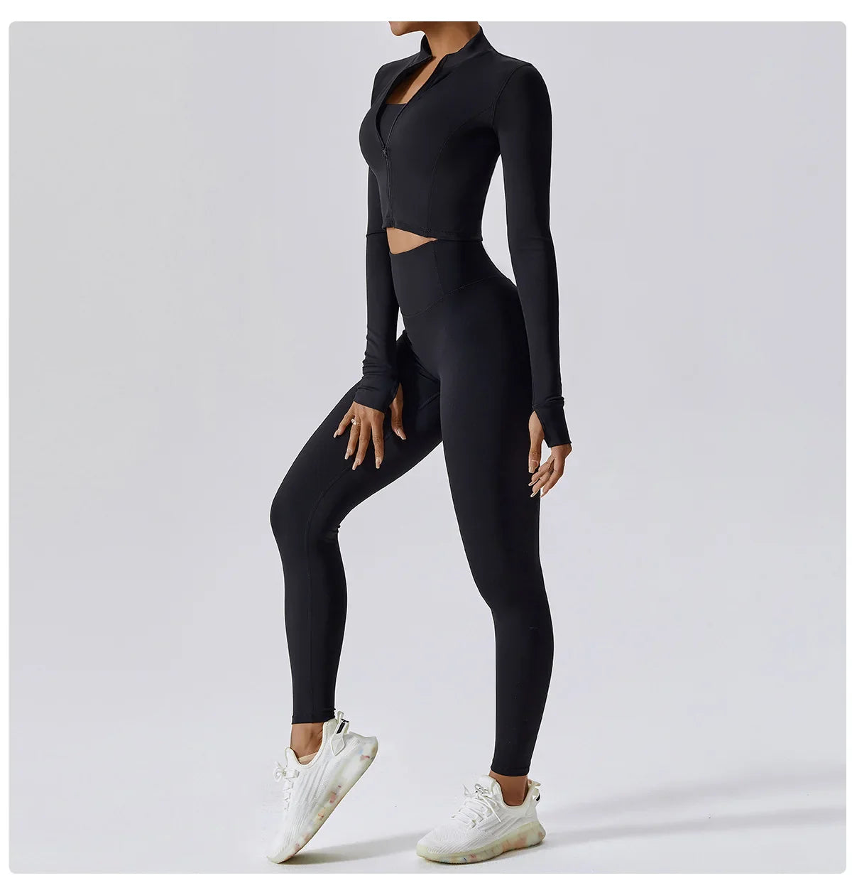 3PCS Women’s Yoga & Workout Set – Long Sleeve Zipper Top with High Waist Leggings Fitness Sportswear