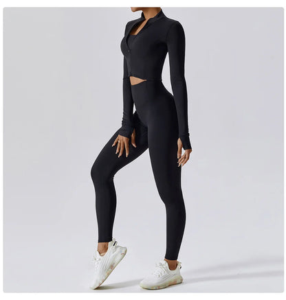 3PCS Women’s Yoga & Workout Set – Long Sleeve Zipper Top with High Waist Leggings Fitness Sportswear