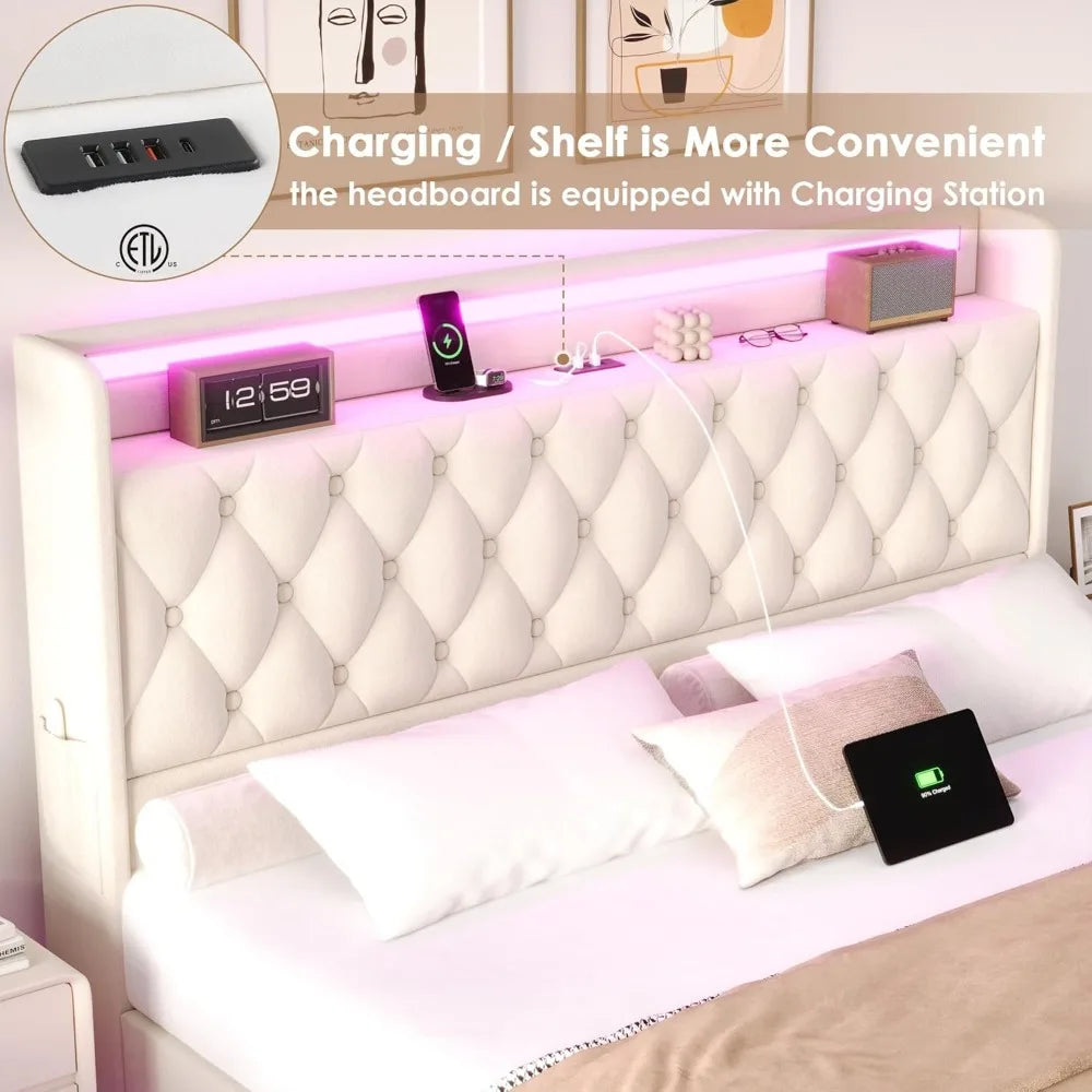 Floating Queen Size Bed Frame – Modern Upholstered Platform Bed with LED Lights, USB Charging Headboard & Velvet Fabric