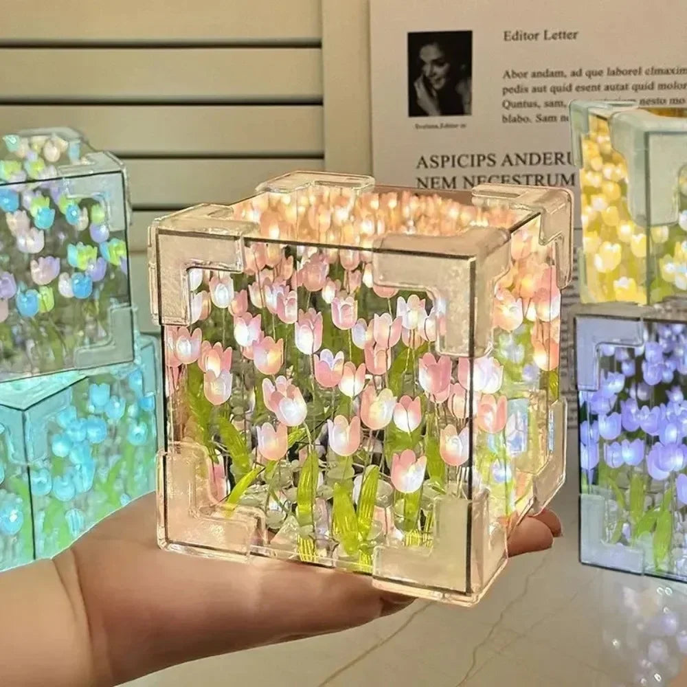 DIY Tulip Flower Sea Cube Night Lamp – 3D Creative Material Kit for Couples