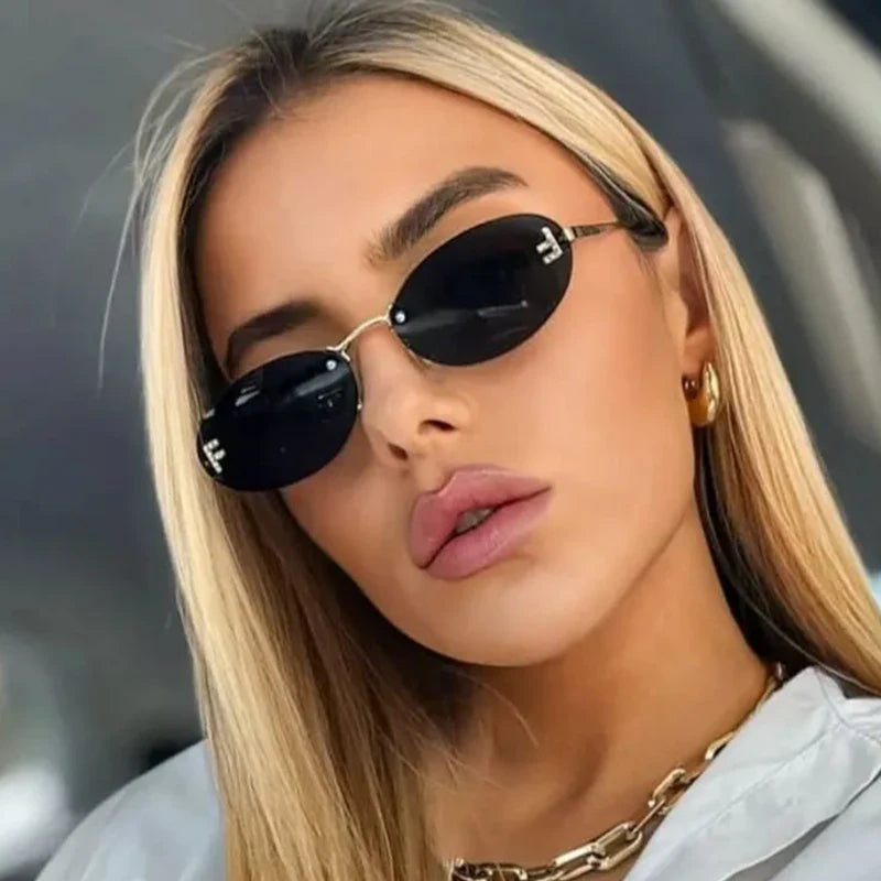 Diamond Letter "F" Rimless Sunglasses | Women’s Luxury Metal Frame Black Oval UV400 Shades