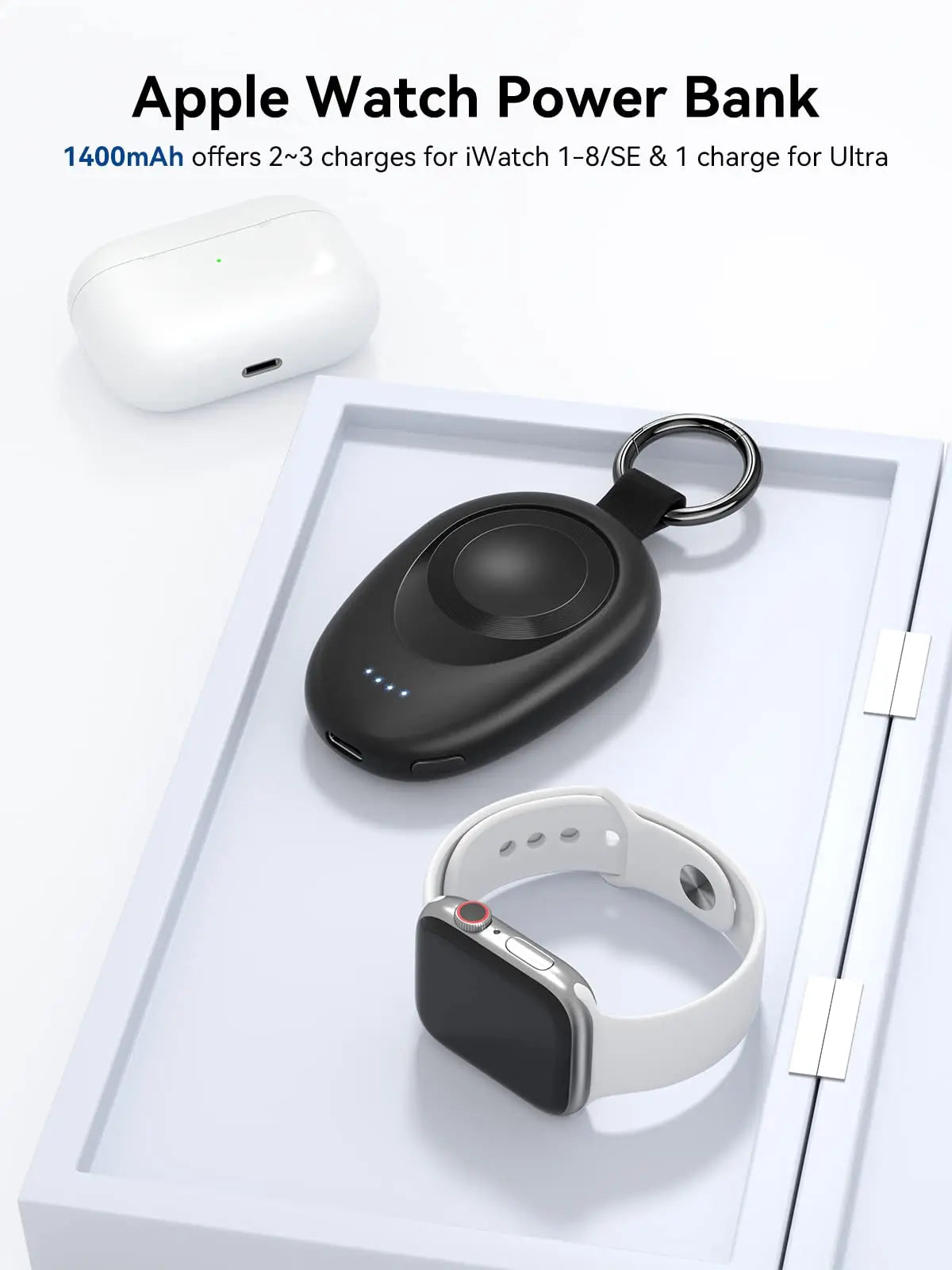 Portable Wireless Charger for Apple Watch Series 2-9 & SE/Ultra – Travel Power Bank Keychain Spare Battery