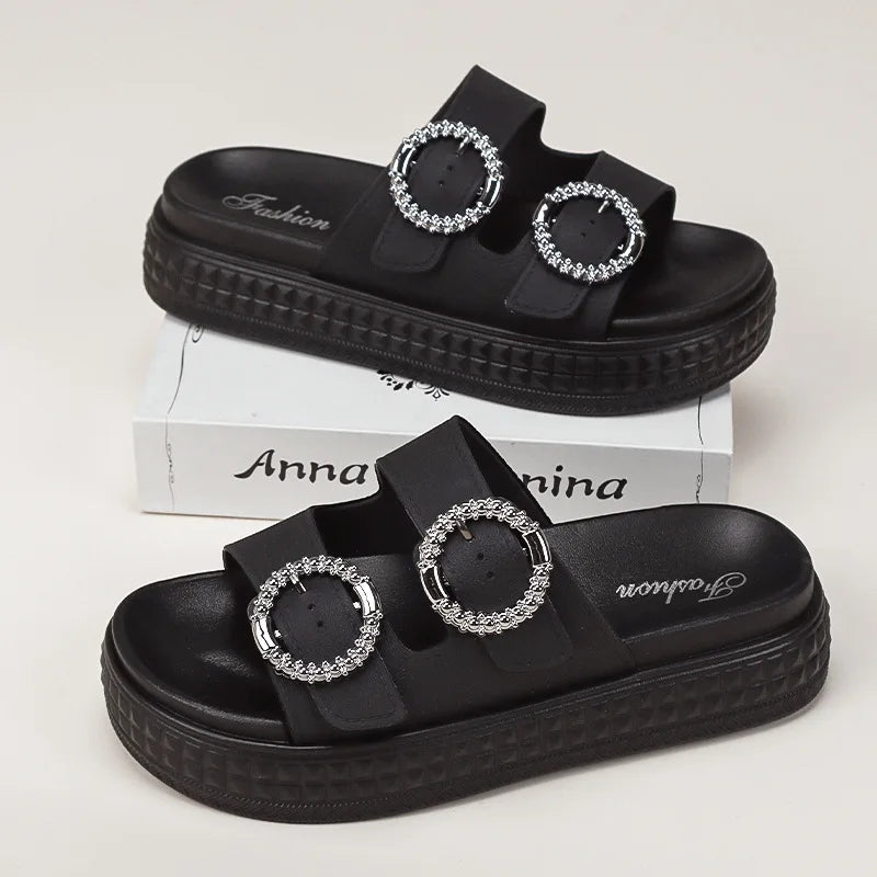 Women’s Thick Sole Sandals – Adjustable Strap Flat Flip Flop Open-Toe Beach Slides for Summer Outdoors