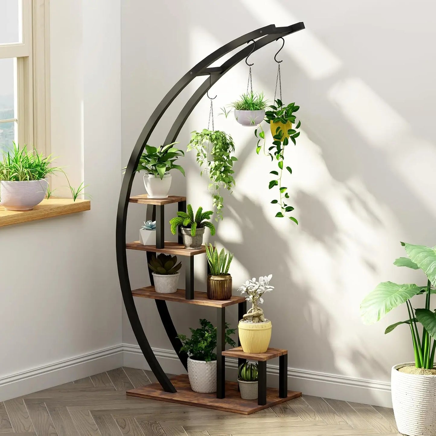 2PCS 5-Tier Metal Plant Stand - Half Moon Indoor & Outdoor Flower Shelf Rack for Home, Patio & Lawn