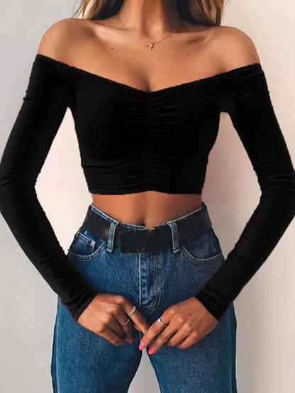 Sophisticated Style: Women's Sexy Club Fashion T-Shirt - Long Sleeve Off-Shoulder Solid Color Lady Tee for Autumn, Basic and Chic