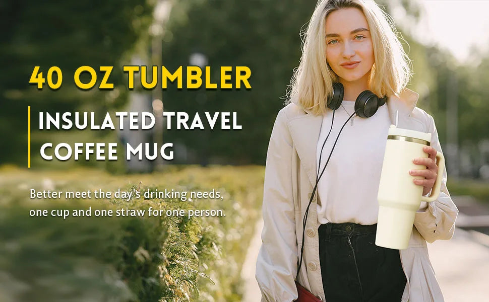 1200ml Insulated Stainless Steel Tumbler with Handle – Portable Thermal Mug for Hot & Cold Coffee with Straw