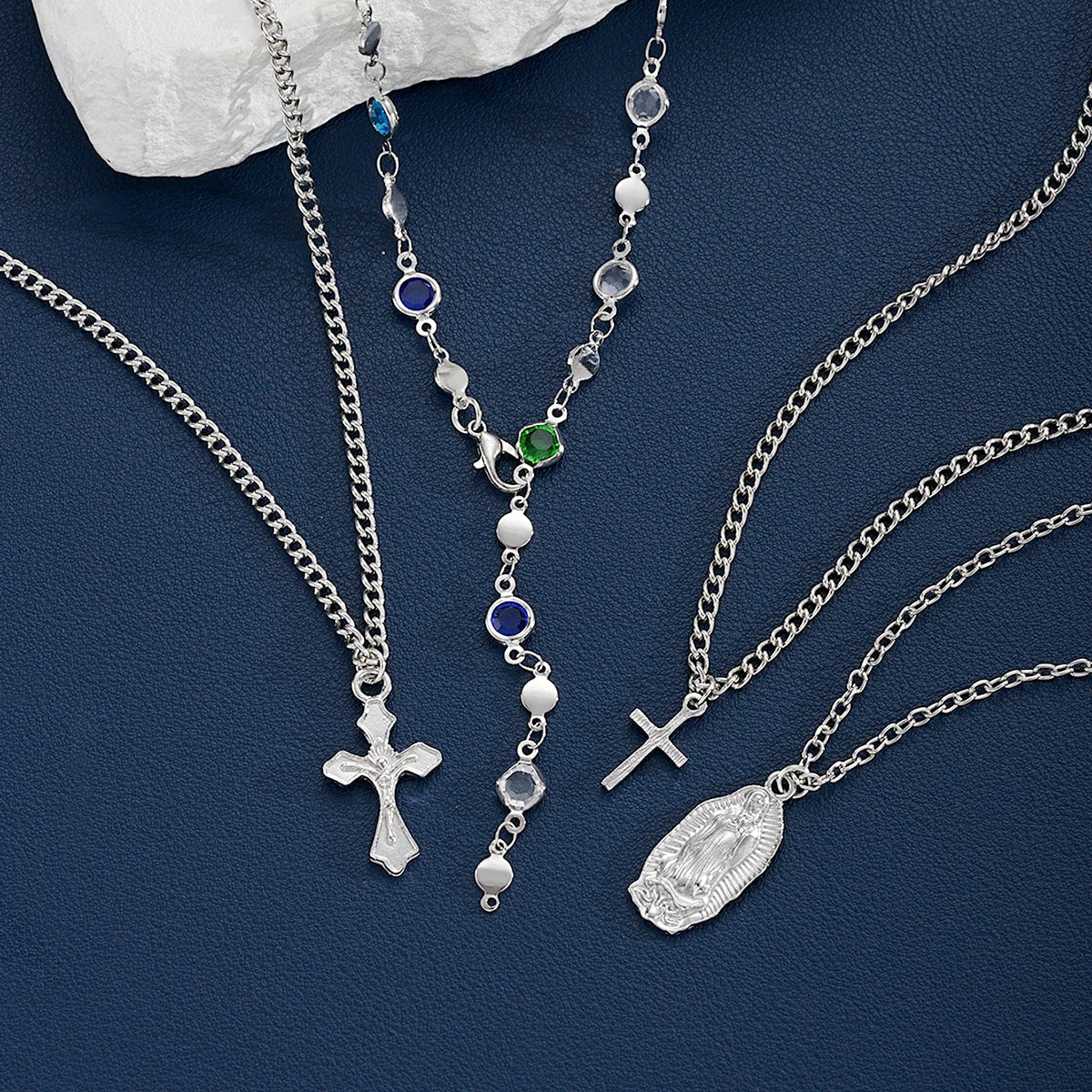 4Pcs Colorful Crystal Necklace Set - Gold & Silver Y-Shaped Pendant Chain Jewelry for Women with Cross Design