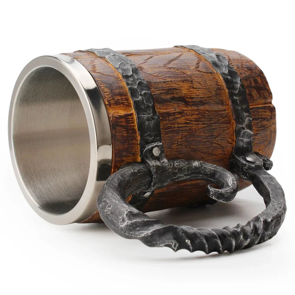 Viking-Style Wooden Beer Mug – Insulated Metal Barrel Cup for Drinks (1PCS)