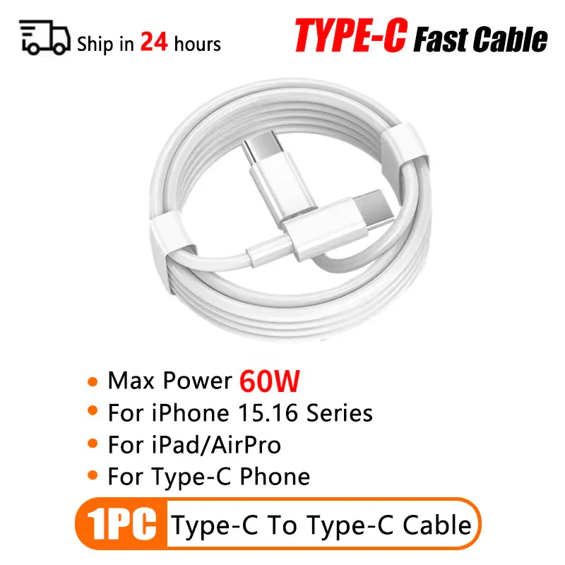 PD 60W USB-C to USB-C Fast Charging Cable – 2M Power Delivery Cord for iPhone 6-16 Series, iPad & USB-A Devices