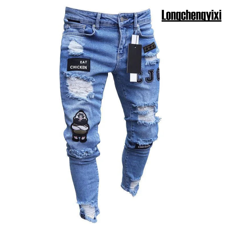 Men’s Retro Washed Stretch Denim Jeans – Slim Fit Zipper Casual Skinny Pencil Pants, Plus Size