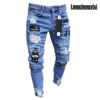 Men’s Retro Washed Stretch Denim Jeans – Slim Fit Zipper Casual Skinny Pencil Pants, Plus Size