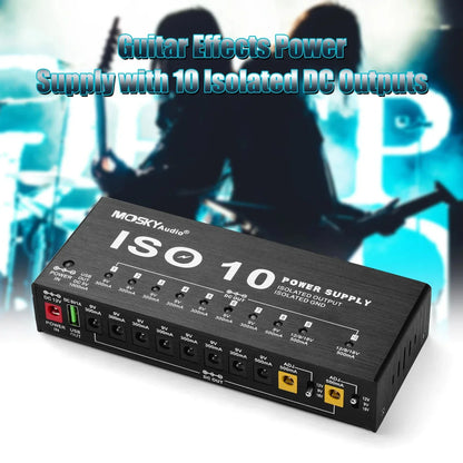 MOSKY ISO-10 Guitar Pedal Power Supply – 10 Isolated DC Outputs, 5V USB Output for 9V, 12V, 18V, Protection for Guitar Accessories