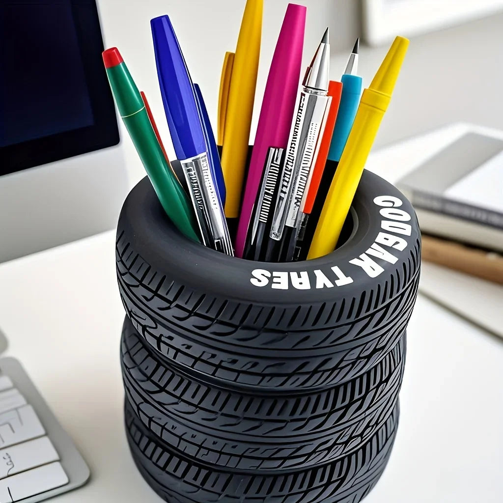 Tire Shaped Pen Holder - Creative Desktop Organizer for Pens, Office Supplies & Decorative Storage