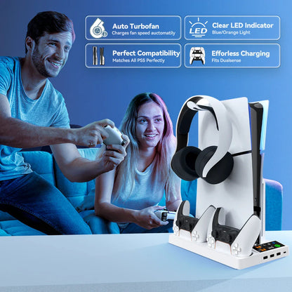PS5 Pro & Slim Cooling Station — Multifunctional Controller Charging Stand with Headphone Holder