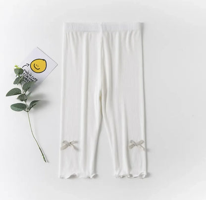 Girls Summer Bow Leggings - Solid Color Elastic Waist 7/8 Length Breathable Kids Pants 3-10Y