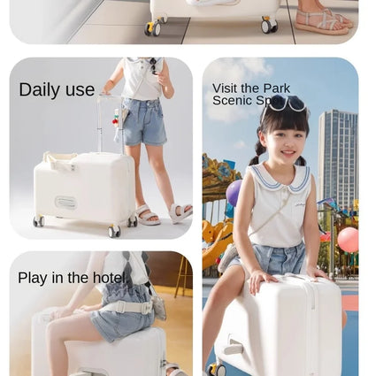 18-Inch Foldable Kids Suitcase with Seat – Lightweight PC Luggage for Boys & Girls, Compact Travel Pedal Boarding Case