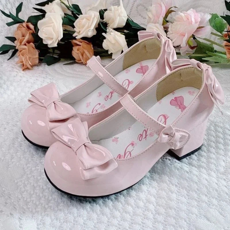 2024 Lolita Style Round Toe Mary Jane Pumps – Cute Bow Midi Heels for Women, Sweet Party PU Shoes