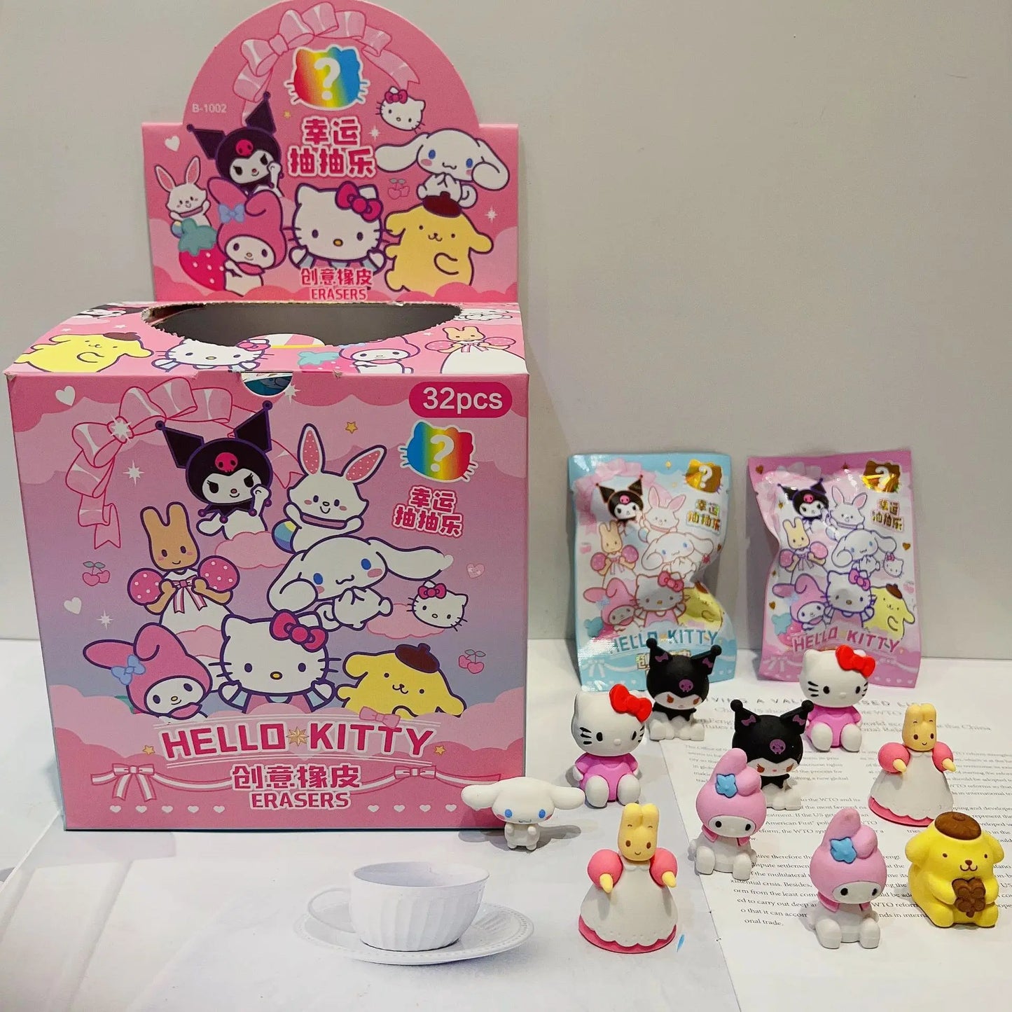 32pcs Blind Box Cartoon Erasers — Cute Kitty, My Melody & Kuromi KT Cat Mystery Box, Fun Stationery for Students & Birthday Gifts